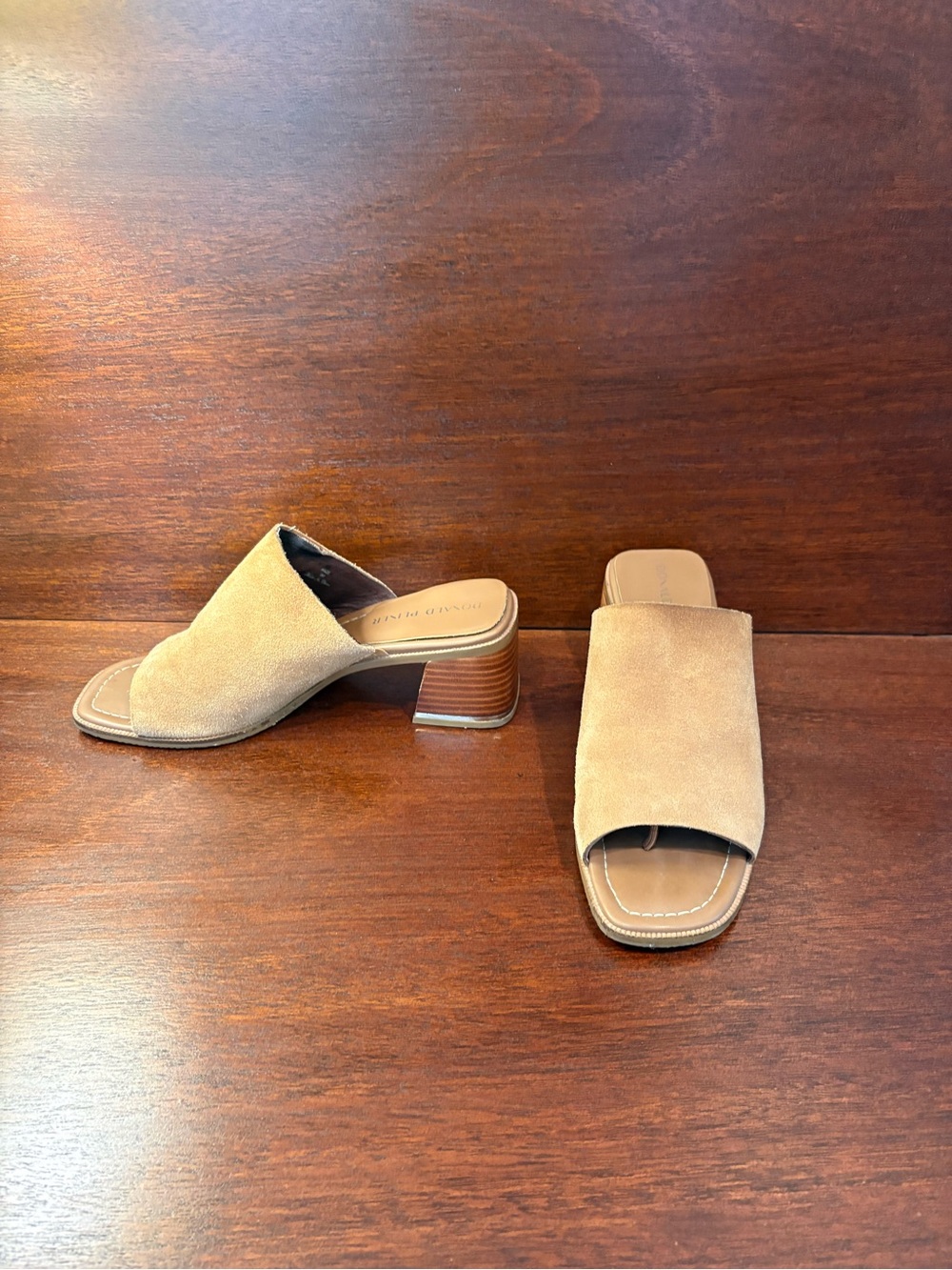 Donald J. Pliner Tan Suede Slide Mules with Block Heel